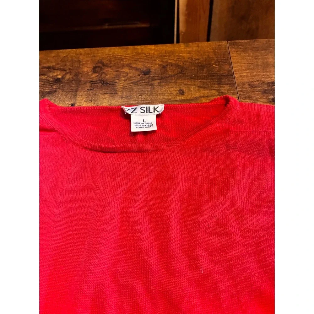 Z Silk Knit Top Womens Large Red Excellent Short Sleeve 100% Silk Crew Neck